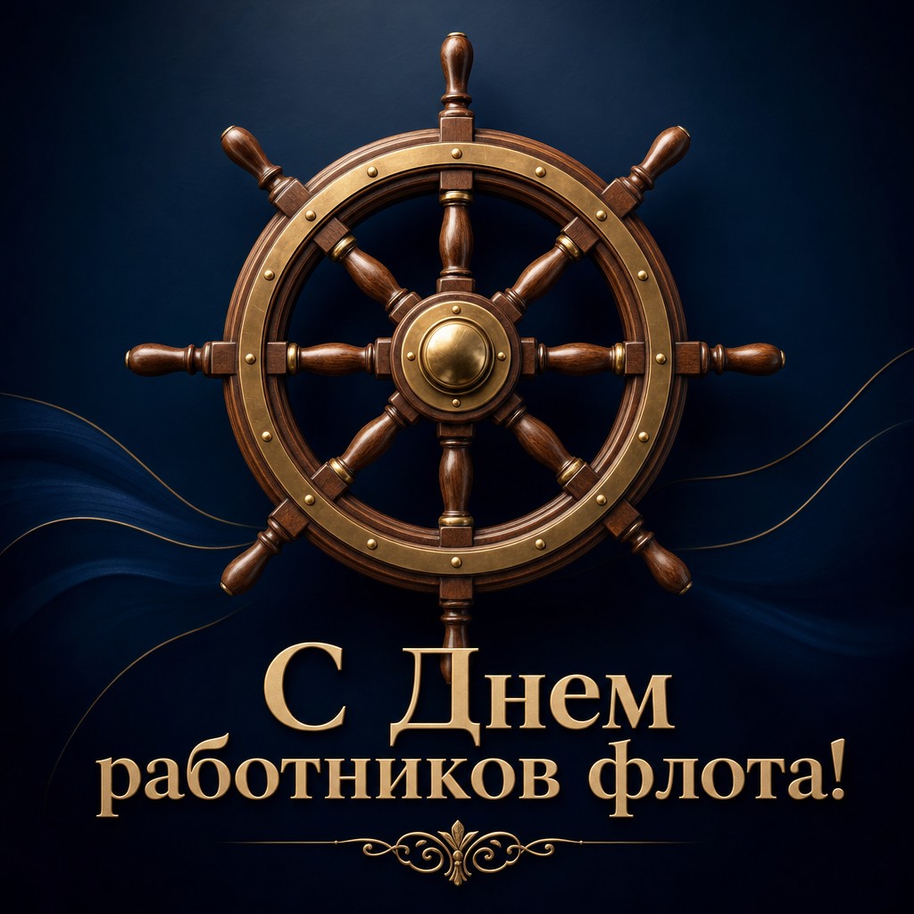 Элегантная открытка ко Дню работников морского и речного флота с корабельным штурвалом.
