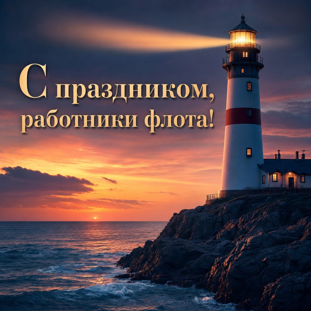 Кинематографичная открытка ко Дню работников морского и речного флота с маяком и морем.