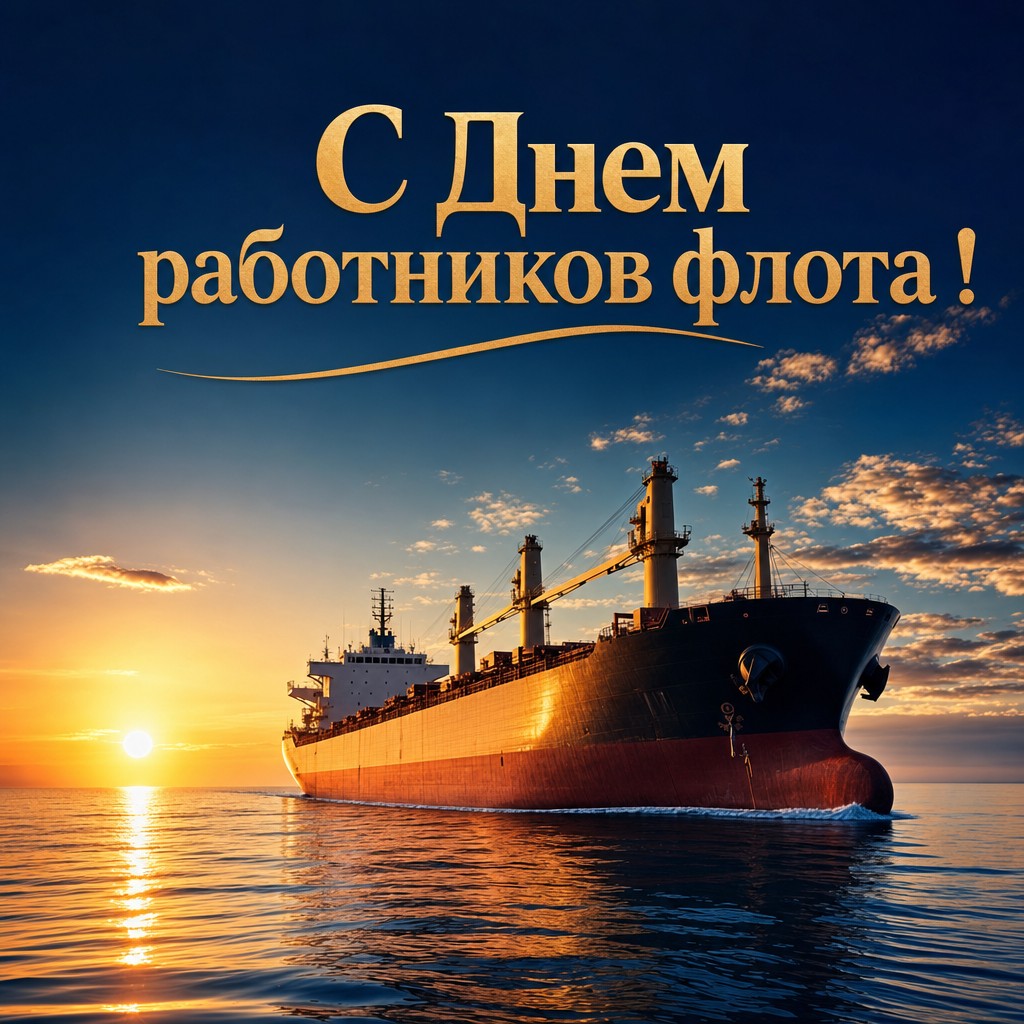 Премиальная открытка ко Дню работников морского и речного флота с кораблем на рассвете.