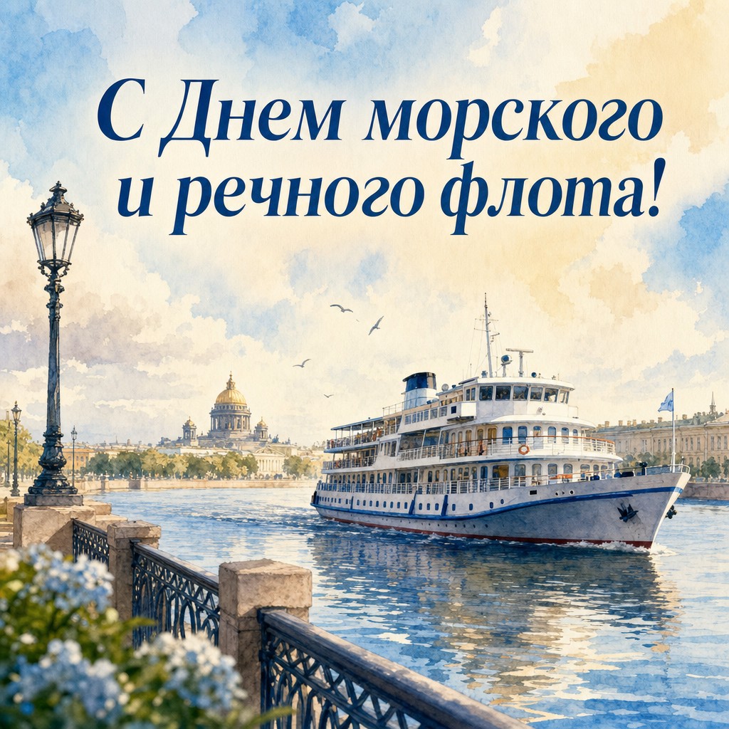 Нежная акварельная открытка ко Дню работников морского и речного флота с речным теплоходом.