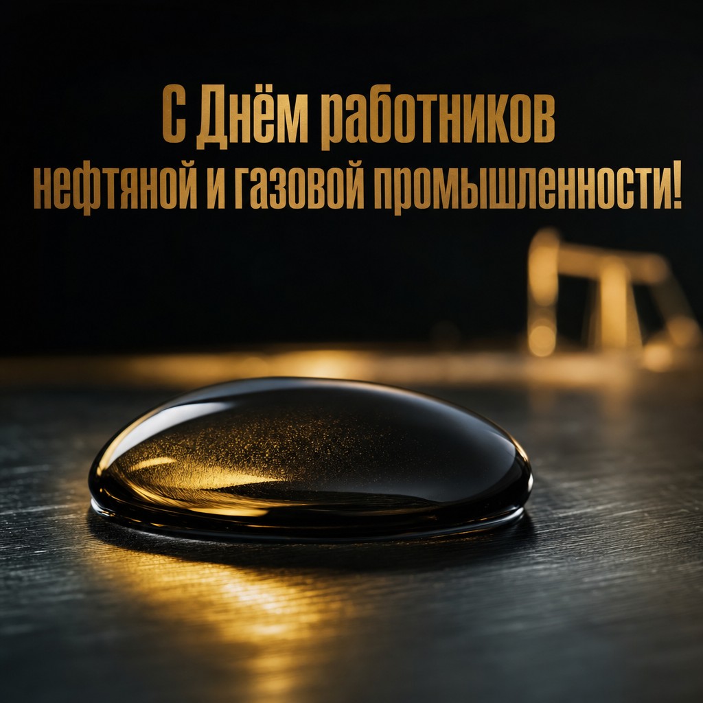 Премиальная открытка на День работников нефтяной и газовой промышленности с эффектной каплей нефти.