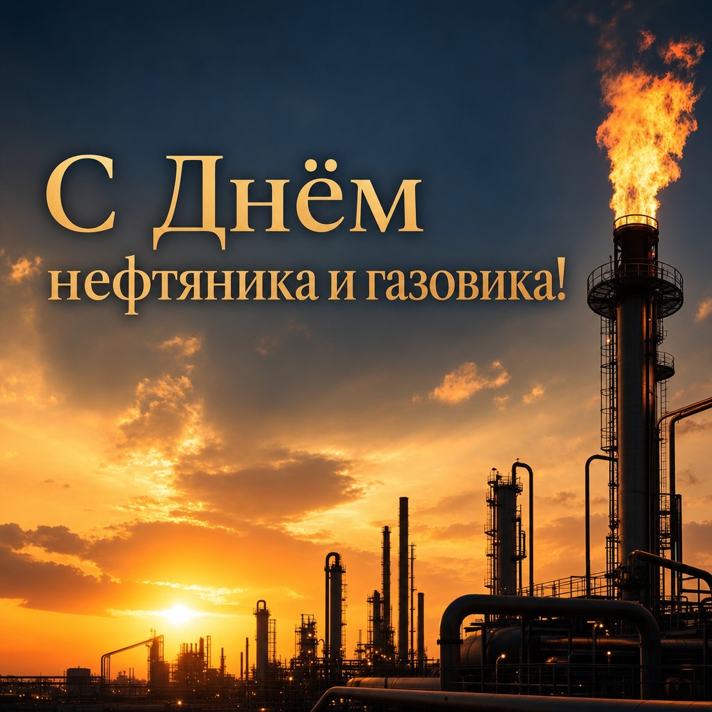 Стильная открытка к Дню работников нефтяной и газовой промышленности с газовым факелом на закате.