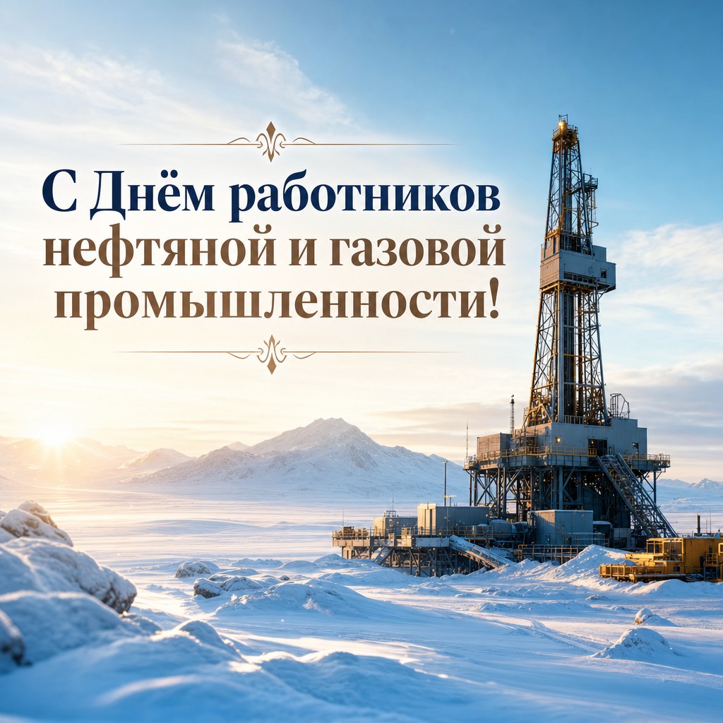 Атмосферная открытка к Дню работников нефтяной и газовой промышленности с буровой вышкой в снегу.