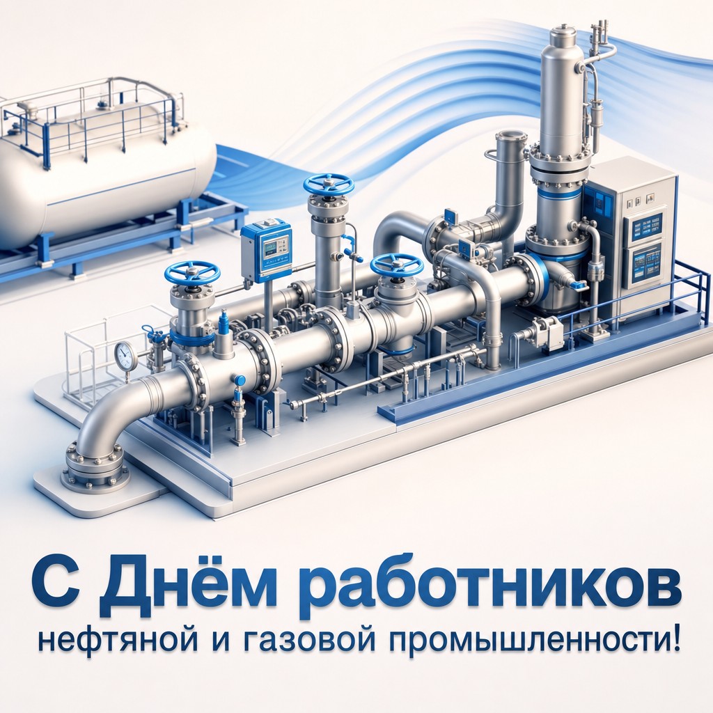Современная открытка ко Дню работников нефтяной и газовой промышленности с 3D-станцией.