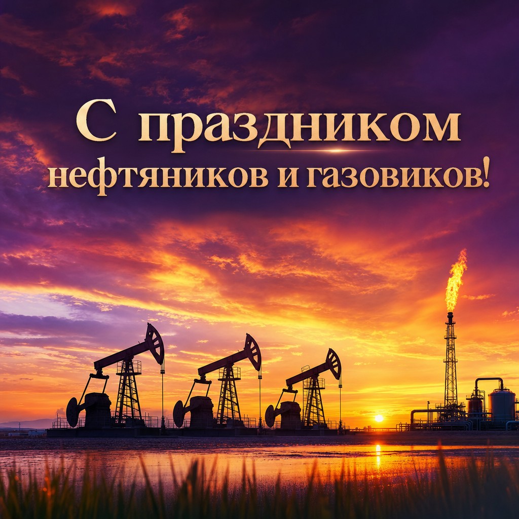 Праздничная открытка ко Дню работников нефтяной и газовой промышленности с качалками на закате.