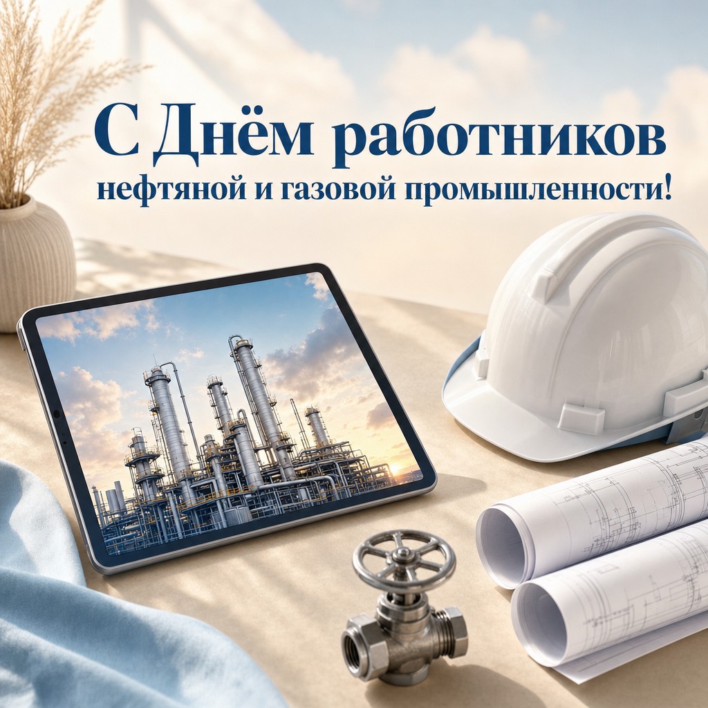 Нежная открытка на День работников нефтяной и газовой промышленности с инженерными предметами.