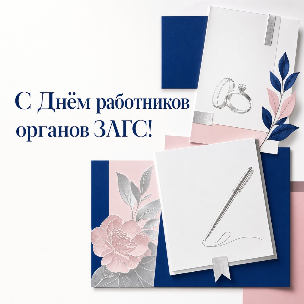 Современная графичная открытка ко Дню работников органов ЗАГС с документами, кольцами и чистой композицией.