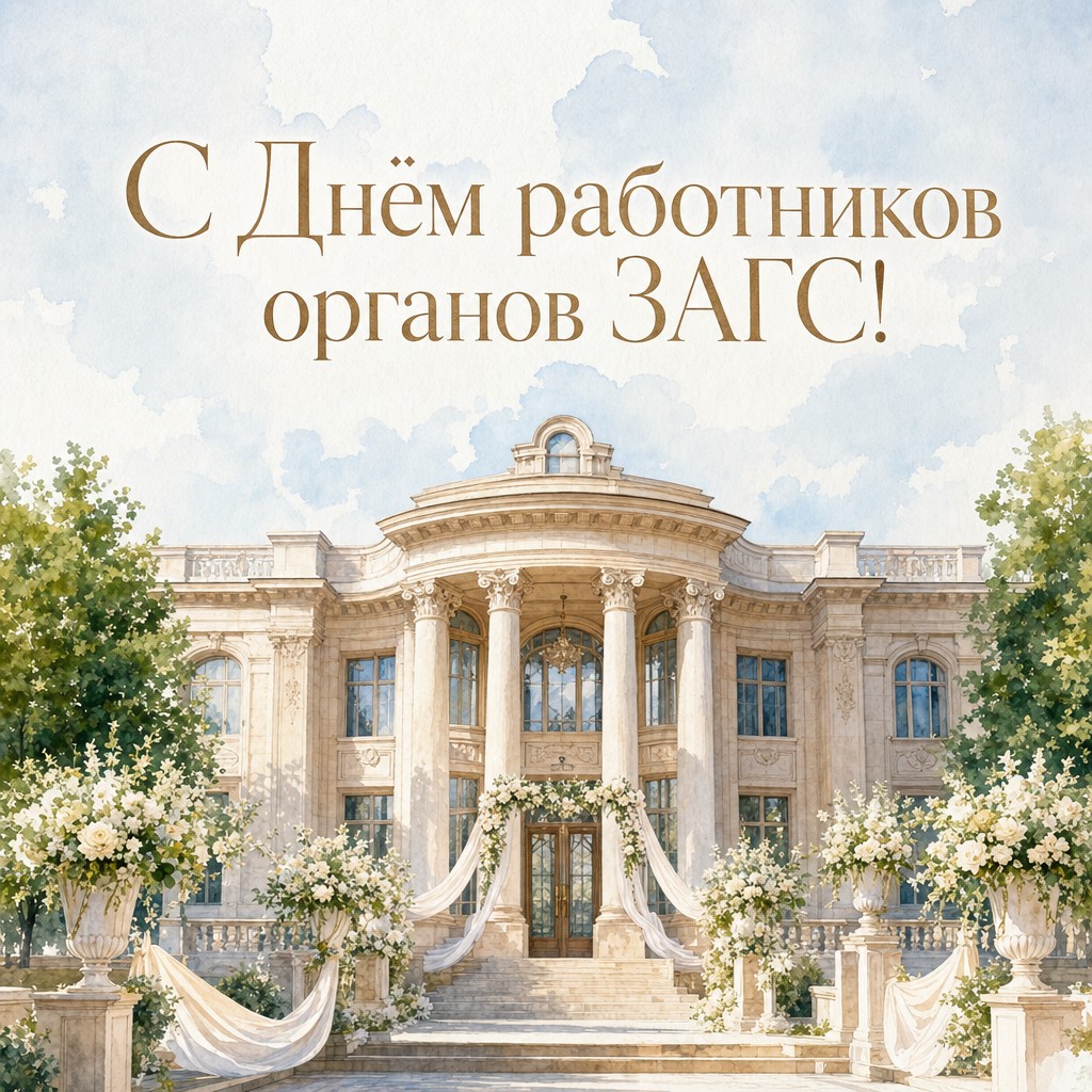 Акварельная открытка ко Дню работников ЗАГС с нежным фасадом Дворца бракосочетания и спокойной палитрой.