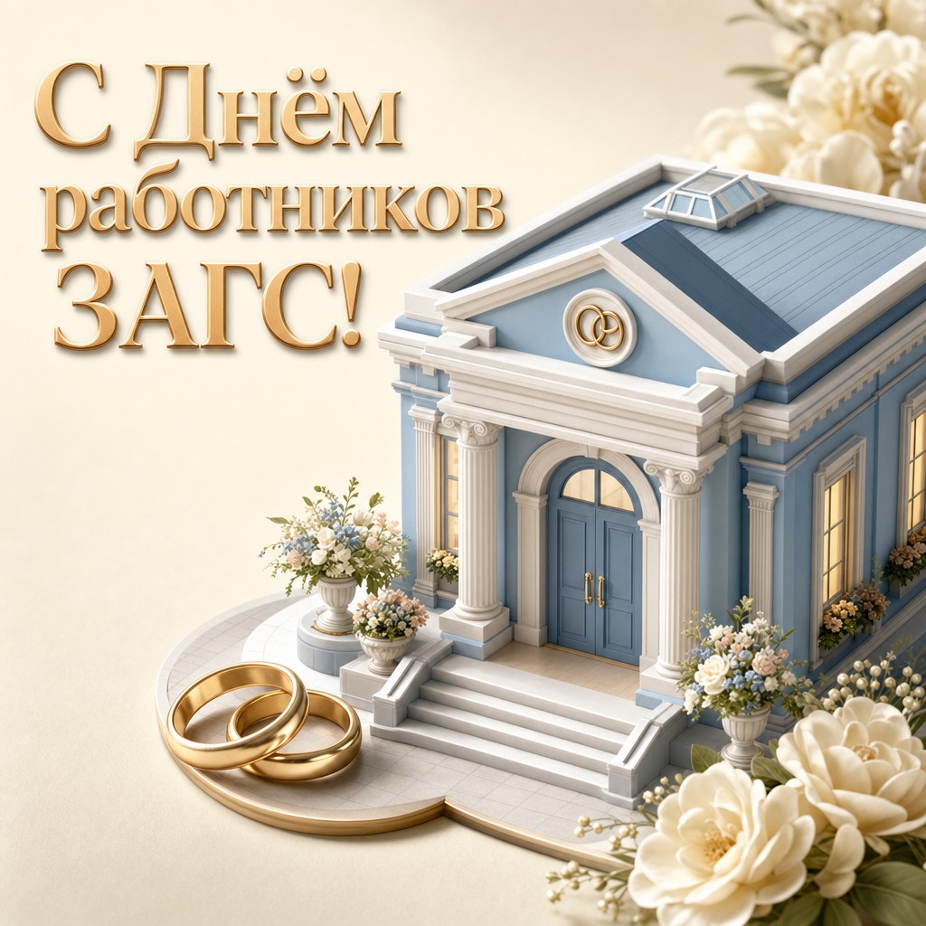 Милая 3D-открытка ко Дню работников органов ЗАГС с миниатюрным зданием ЗАГС, цветами и кольцами.