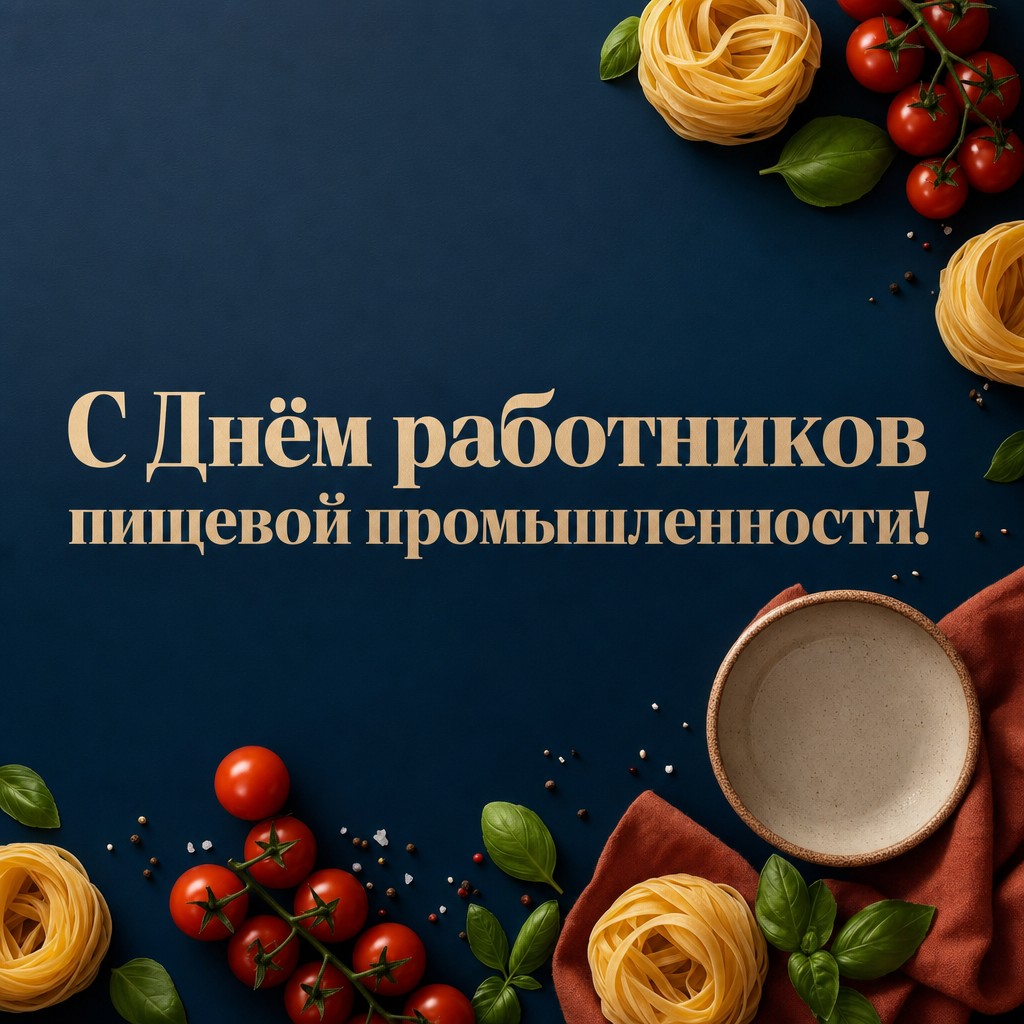 Стильная открытка ко Дню работников пищевой промышленности с пастой, томатами и современной композицией.