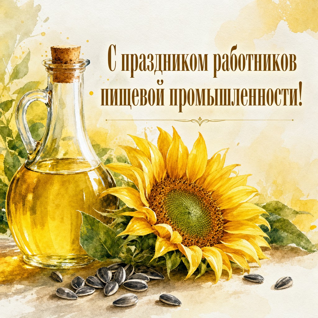 Акварельная открытка ко Дню работников пищевой промышленности с подсолнечным маслом и солнечным настроением.