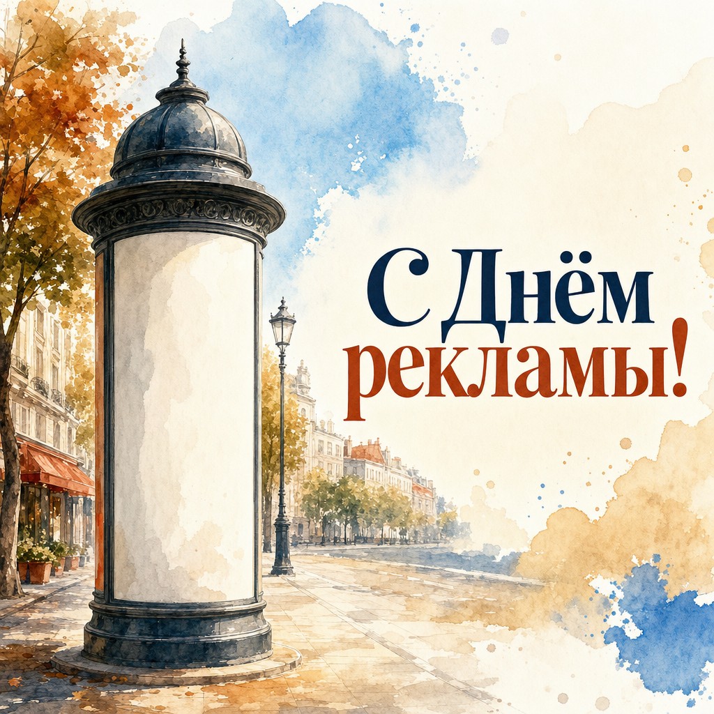 Акварельная открытка ко Дню работников рекламы с изящной афишной тумбой и мягким городским настроением.