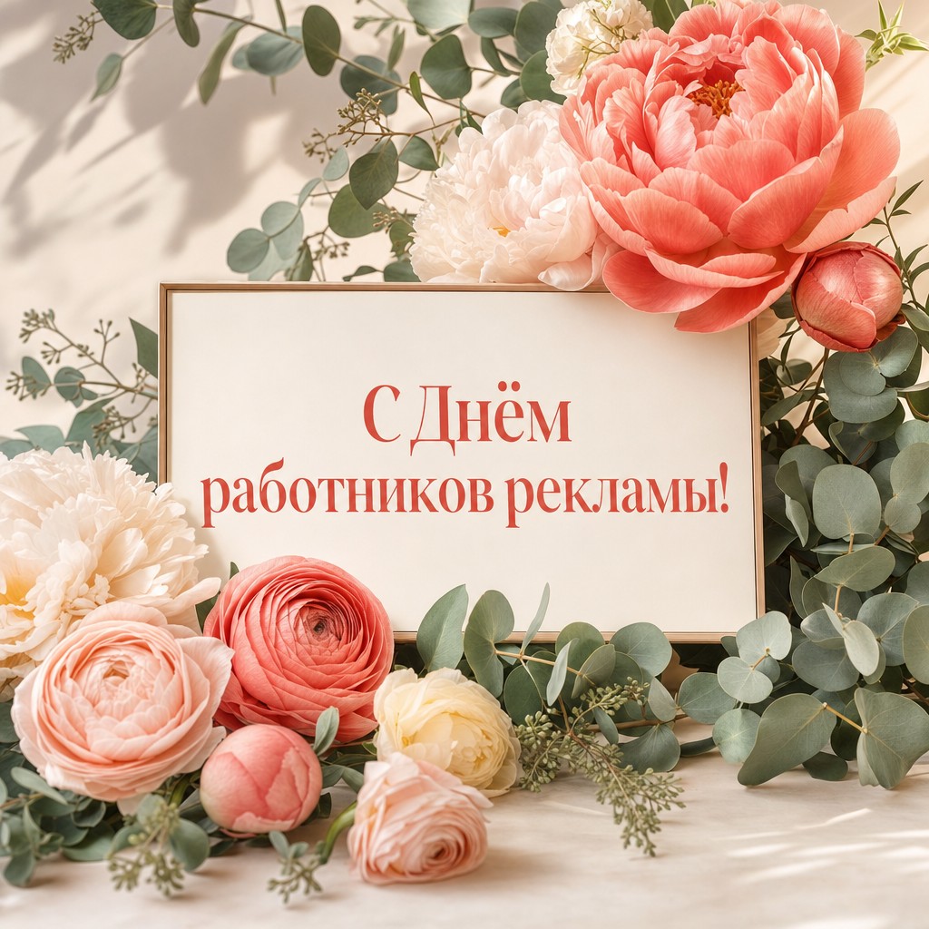 Нежная открытка ко Дню работников рекламы: мини-билборд среди реалистичных цветов и зелени.