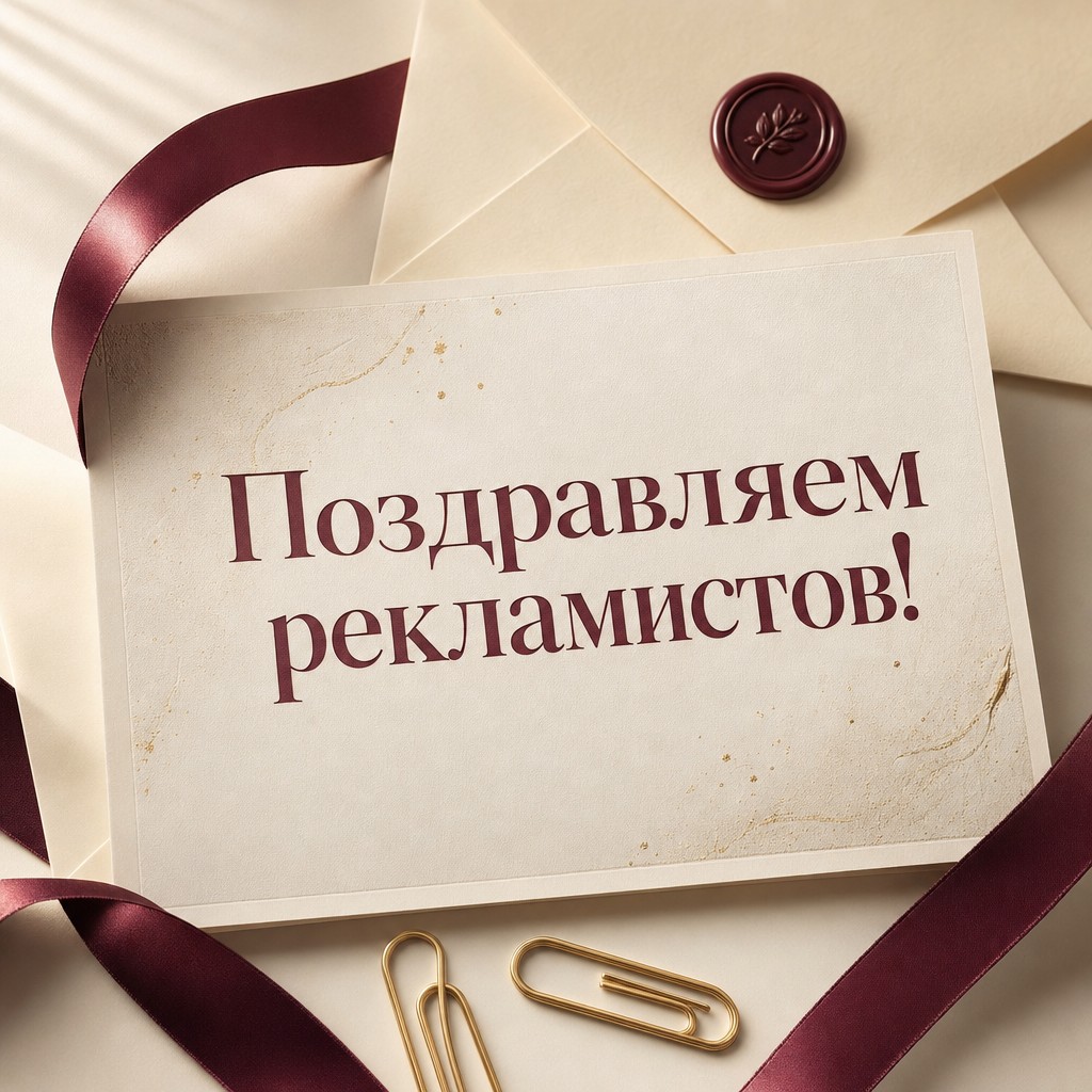 Стильная открытка ко Дню работников рекламы с конвертом, брифом и премиальными золотыми деталями.
