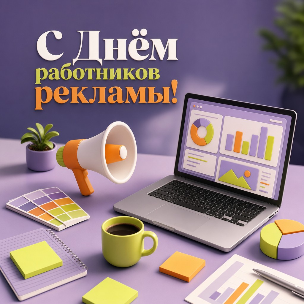 Яркая 3D-открытка ко Дню работников рекламы с ноутбуком, мегафоном и деталями агентского рабочего стола.