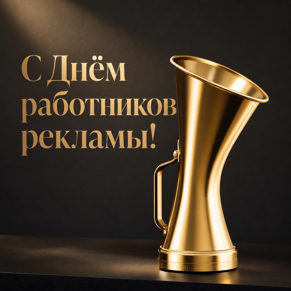 Премиальная открытка ко Дню работников рекламы с золотым мегафоном на стильном тёмном фоне.