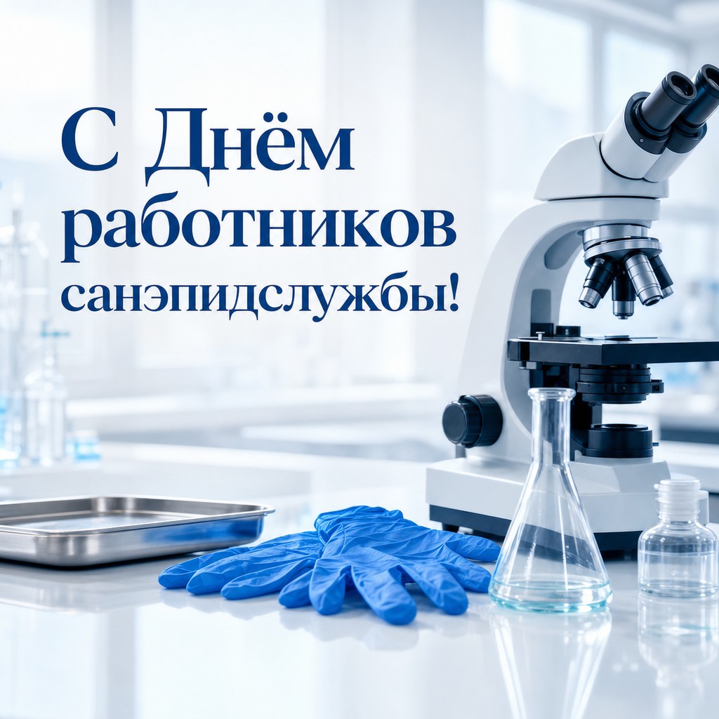 Стильная открытка ко Дню работников санитарно-эпидемиологической службы с чистой лабораторной эстетикой.