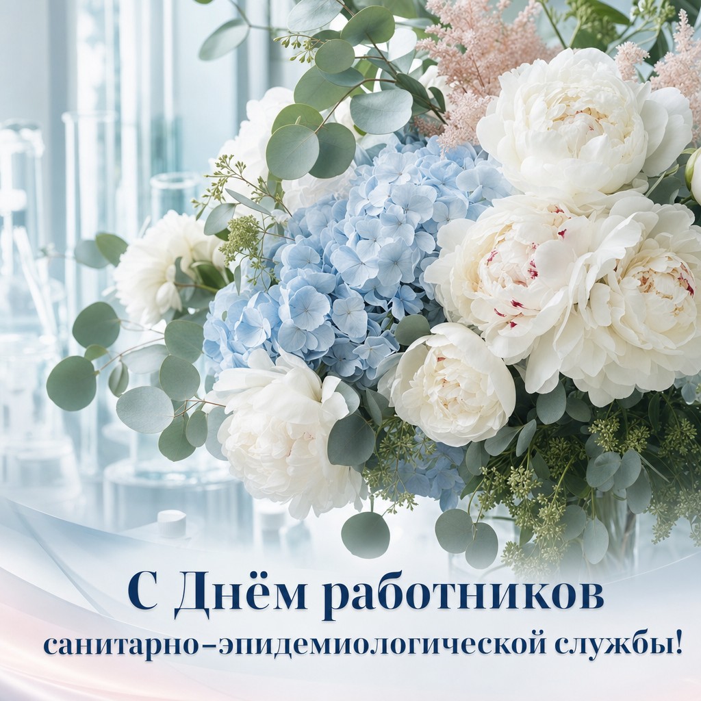 Нежная цветочная открытка ко Дню работников санитарно-эпидемиологической службы с белыми пионами и гортензиями.