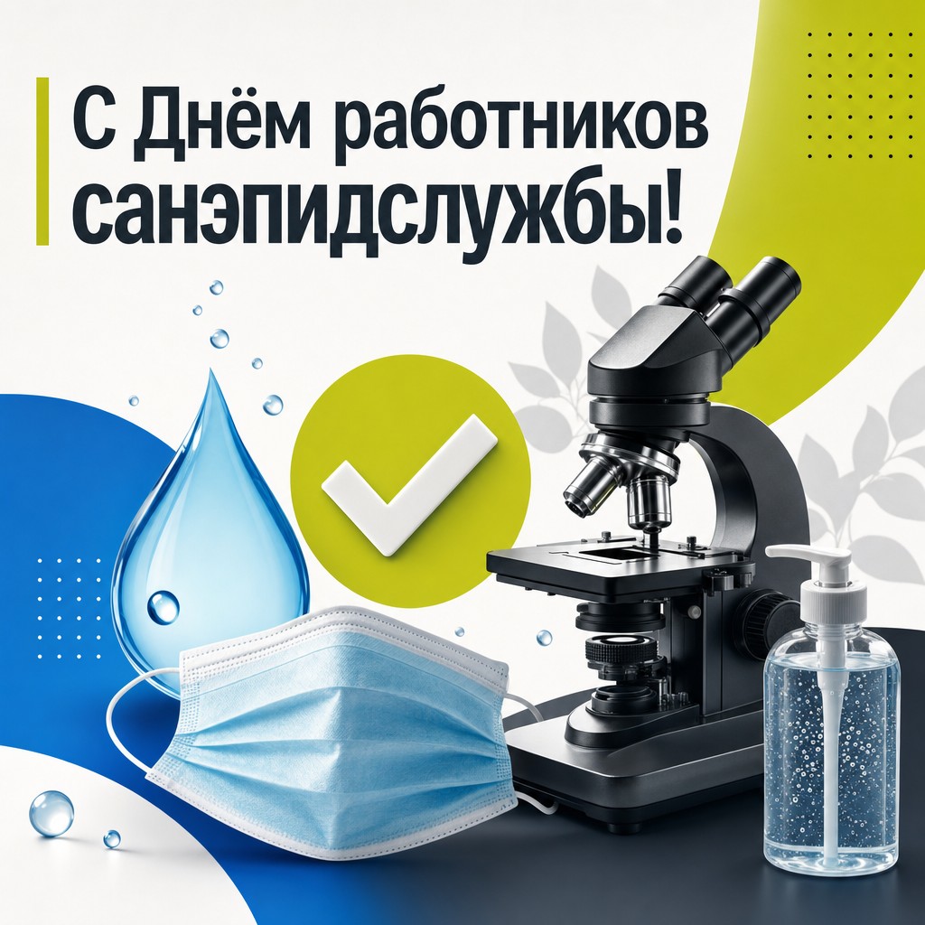 Современная графичная открытка ко Дню работников санитарно-эпидемиологической службы с санитарными пиктограммами.