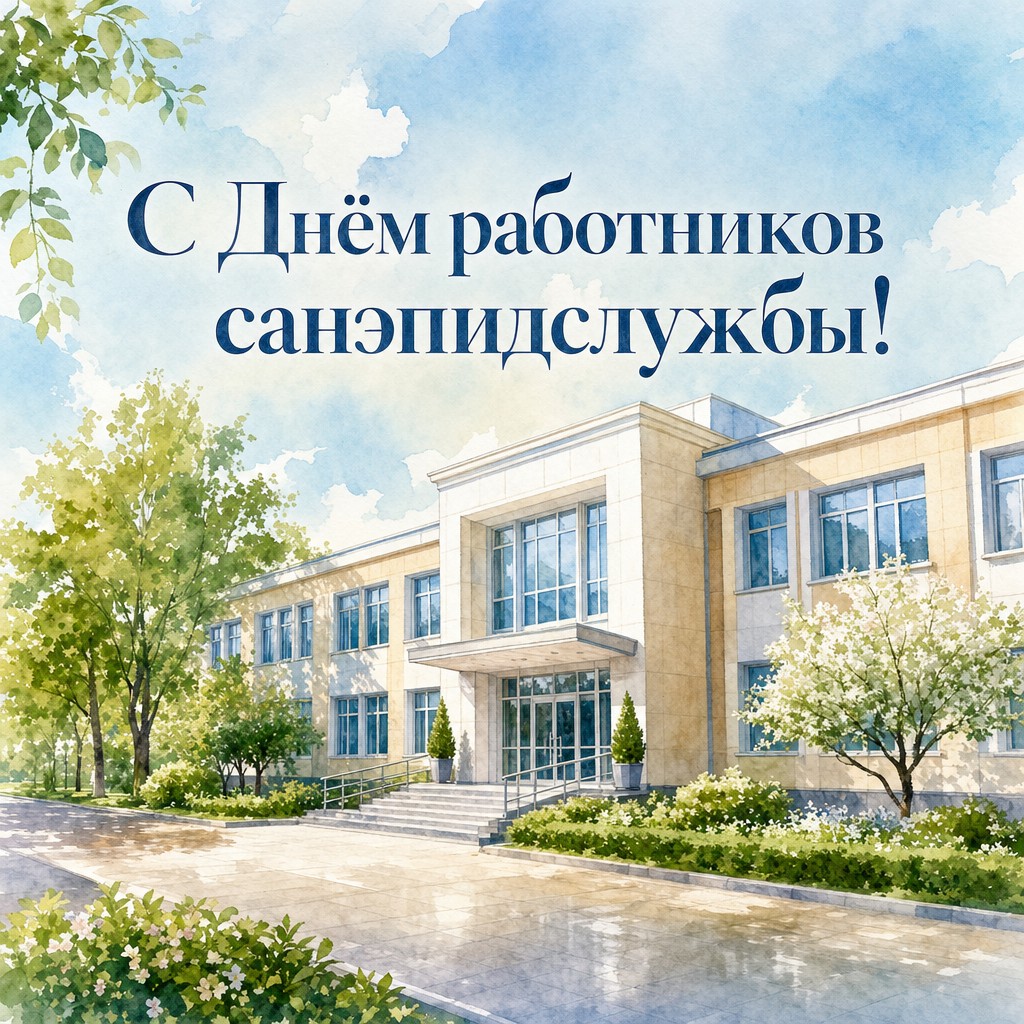 Акварельная открытка ко Дню работников санитарно-эпидемиологической службы со спокойным видом санэпидстанции.