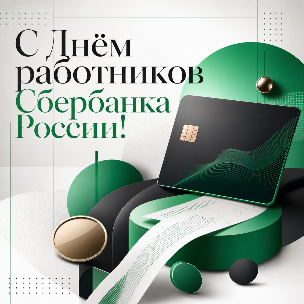 Современная открытка к Дню работников Сбербанка России с банковской геометрией, картой и монетами.