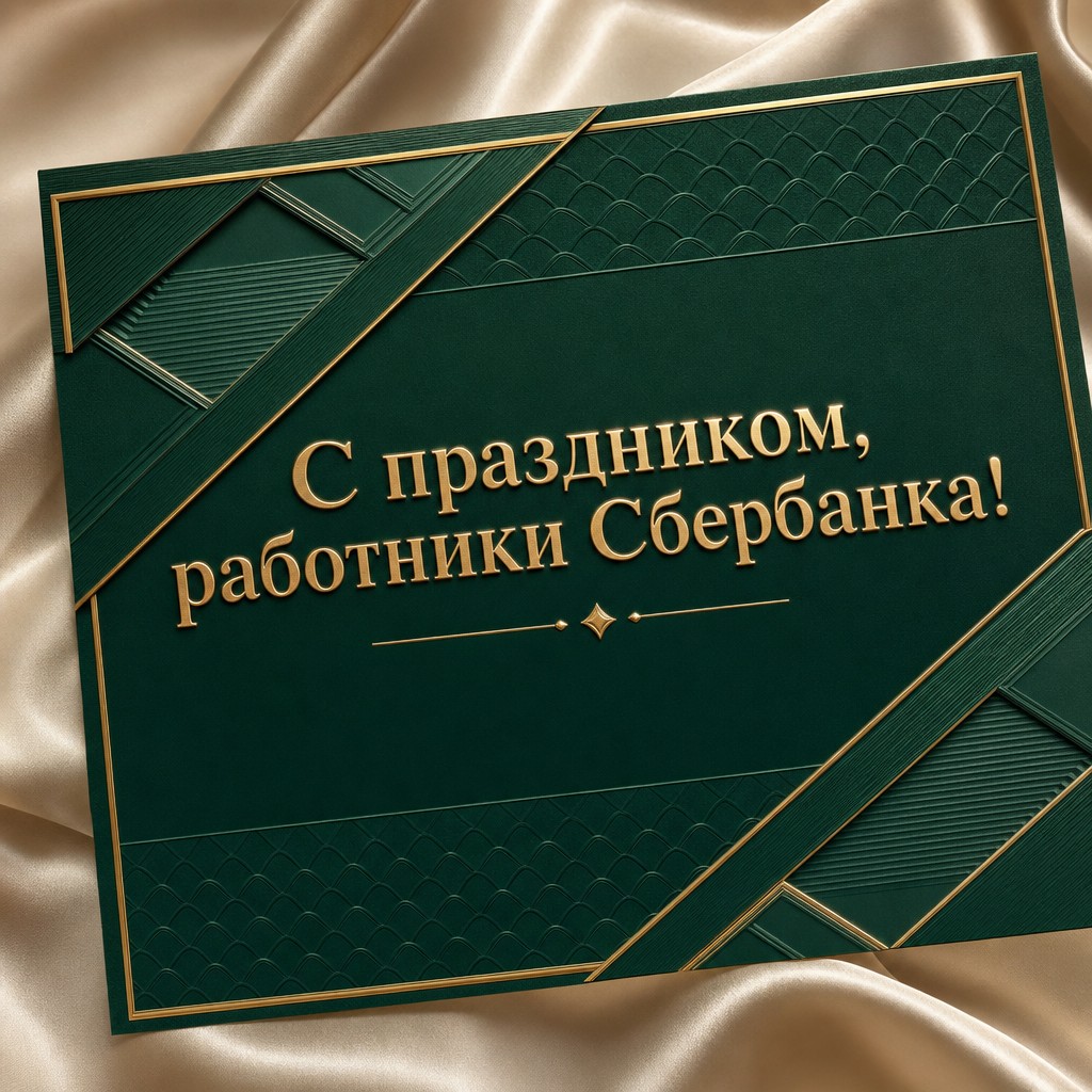 Элегантная открытка к Дню работников Сбербанка России с изумрудной карточкой и золотым тиснением.