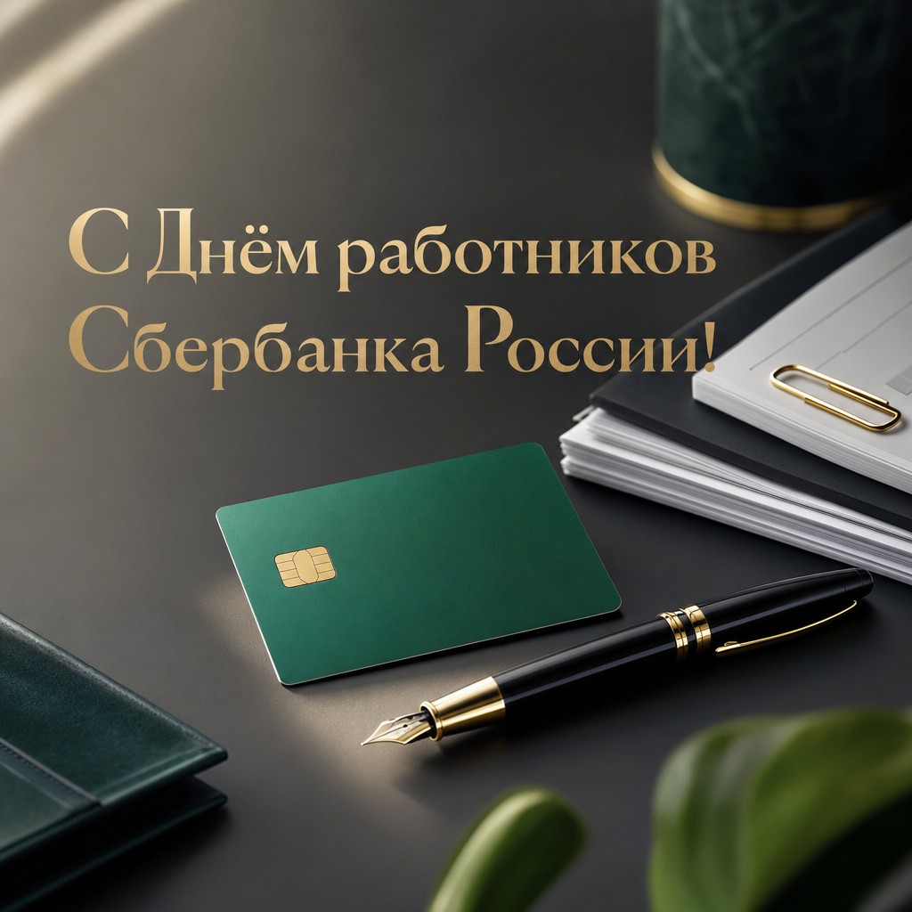 Стильная открытка к Дню работников Сбербанка России с элегантным банковским столом, картой и ручкой.