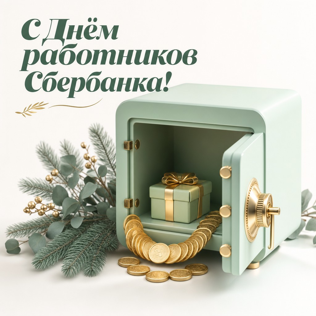 Праздничная 3D-открытка к Дню работников Сбербанка России с сейфом, подарком и монетами.