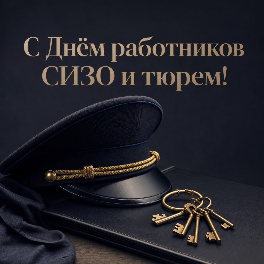 Премиальная открытка к Дню работников СИЗО и тюрем с форменной фуражкой и ключами в строгой палитре.