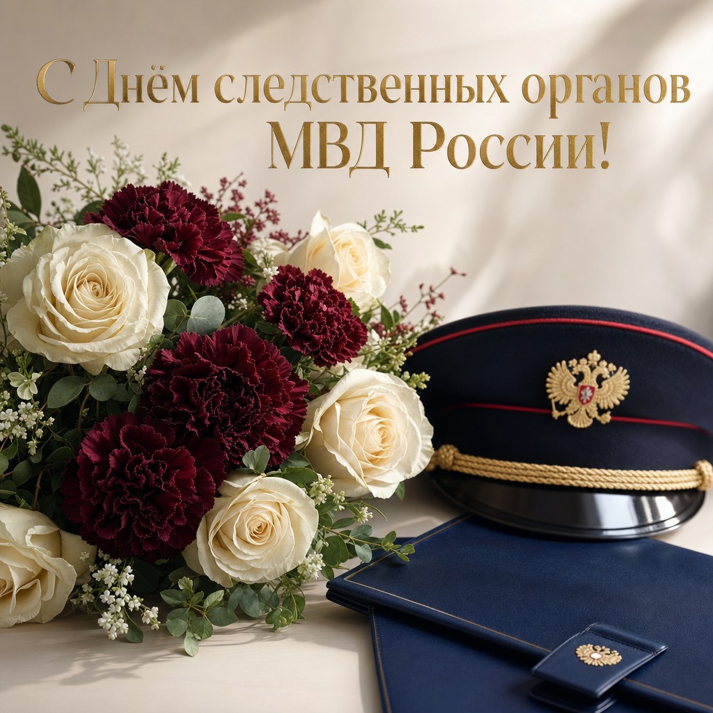 Элегантная открытка на День работников следственных органов МВД России с букетом цветов и фуражкой.
