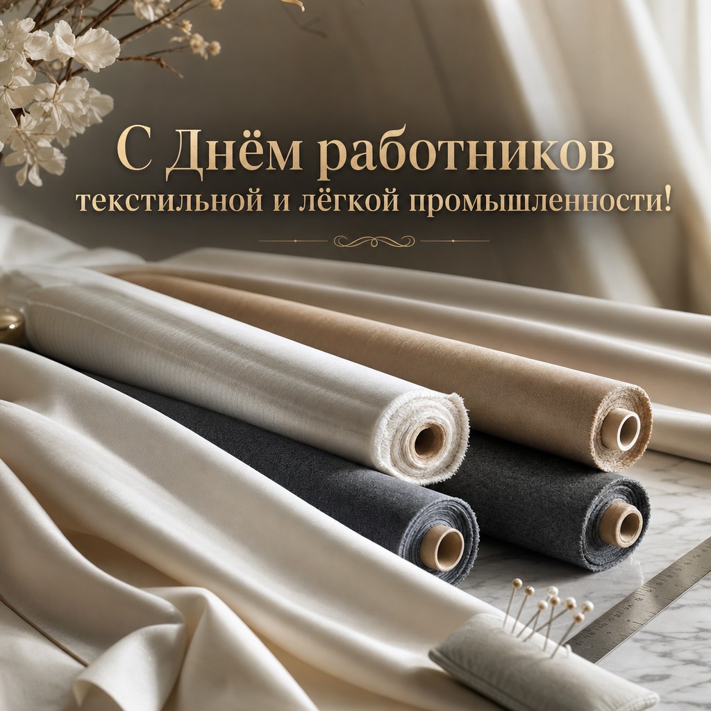 Премиальная открытка к Дню работников текстильной и легкой промышленности с красивыми рулонами ткани.