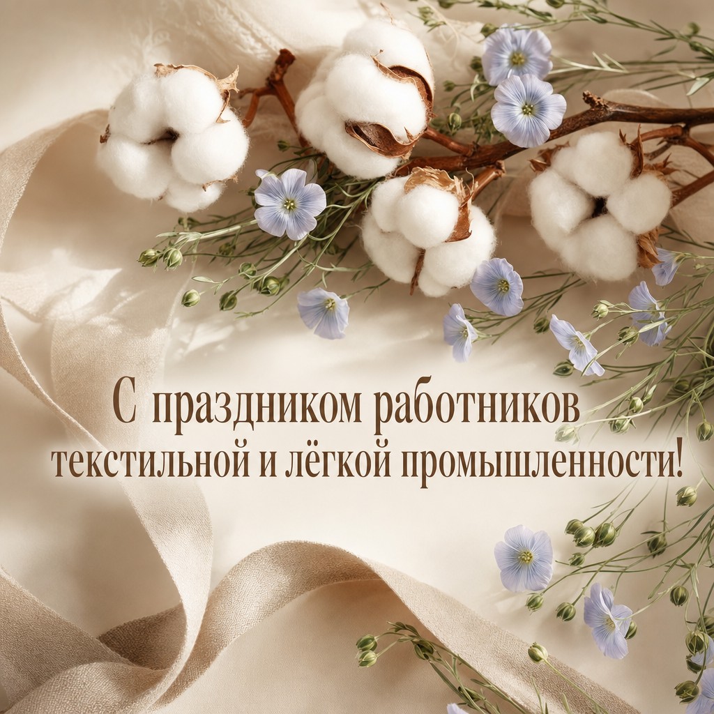 Нежная открытка с хлопком и льняной лентой для поздравления работников текстильной и легкой промышленности.