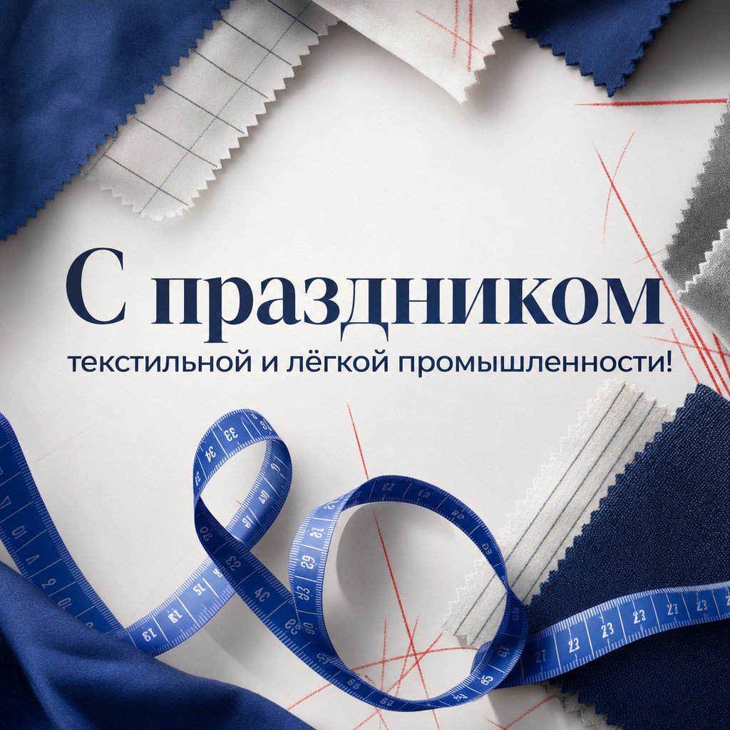 Современная открытка с портновской лентой, образцами ткани и графичной композицией.