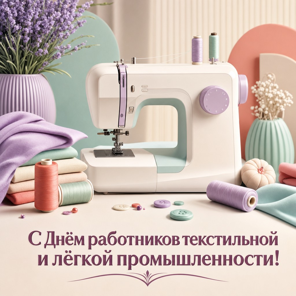 Милая 3D-открытка со швейной машинкой, катушками ниток и праздничным настроением.