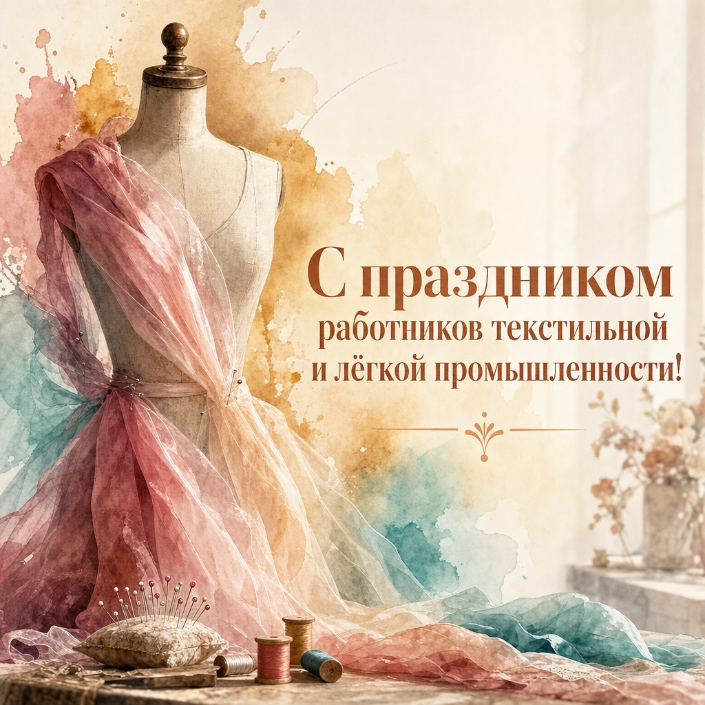 Акварельная открытка с портновским манекеном и струящейся тканью для профессионального праздника.