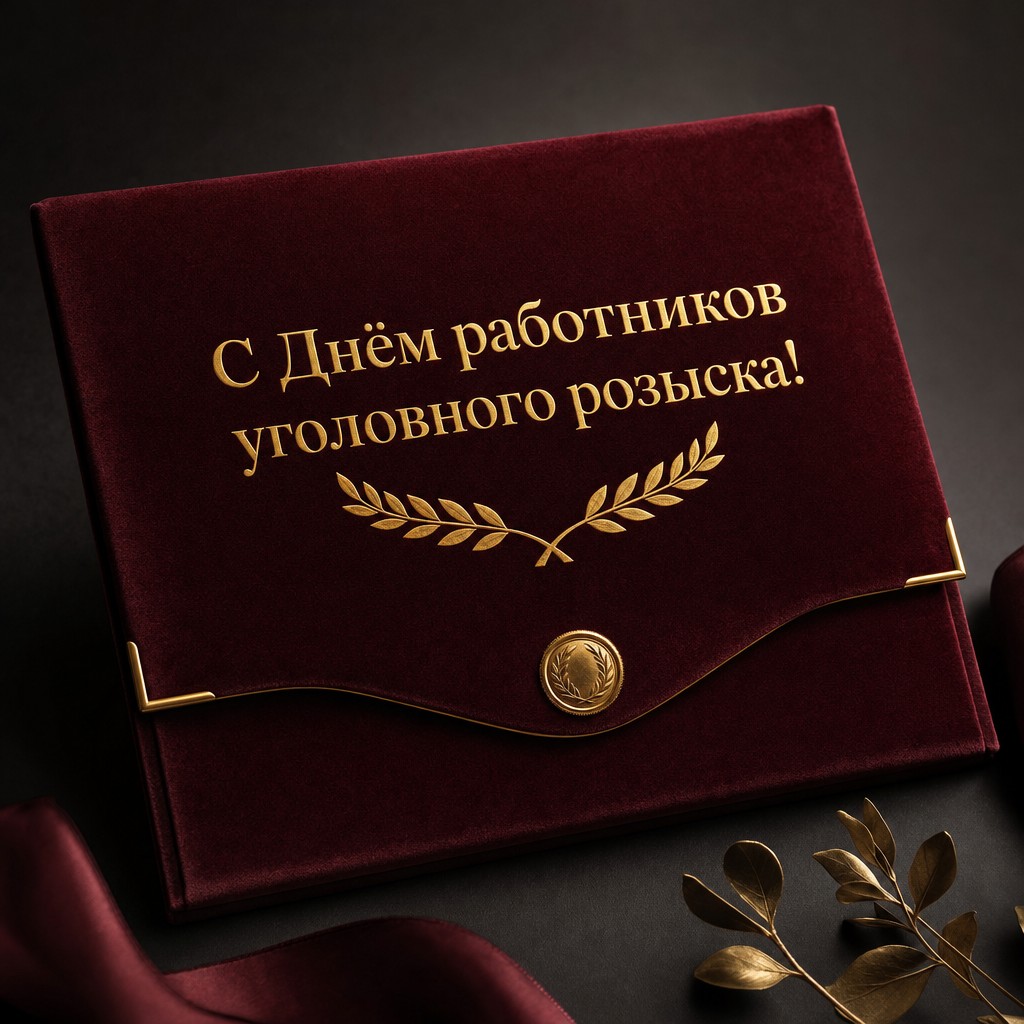 Солидная открытка к Дню работников уголовного розыска с бархатной папкой дела и золотыми акцентами.