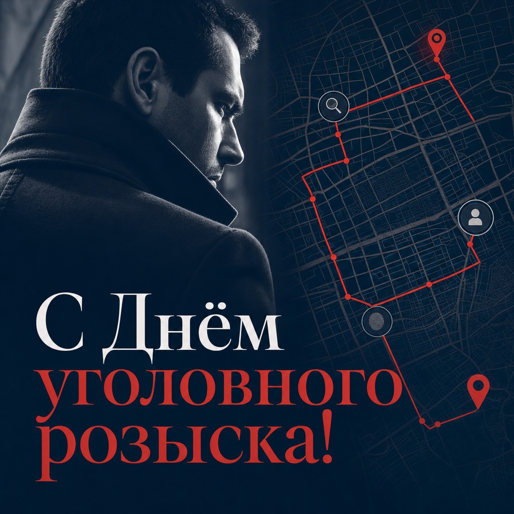 Современная открытка к Дню работников уголовного розыска с городской картой и маршрутом расследования.