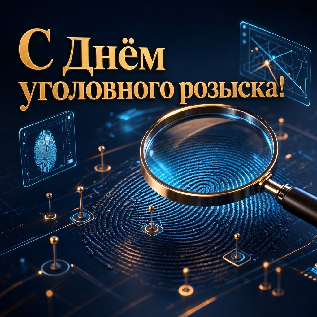 Эффектная 3D-открытка к Дню работников уголовного розыска с лупой, отпечатком и следственной эстетикой.