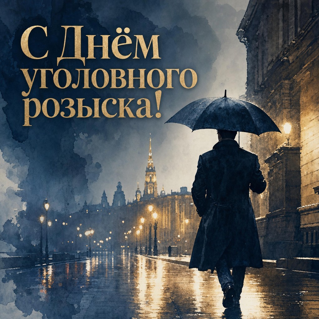 Атмосферная акварельная открытка к Дню работников уголовного розыска с ночным городом и силуэтом оперативника.