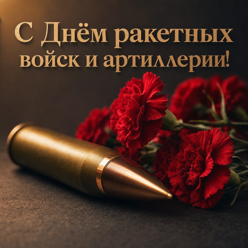 Стильная открытка к Дню ракетных войск и артиллерии с артиллерийским снарядом, гвоздиками и премиальным тёмным фоном.