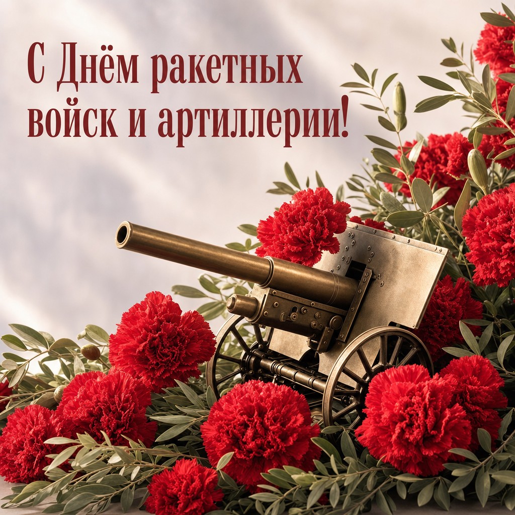 Поздравительная открытка с алыми гвоздиками и полевой пушкой для Дня ракетных войск и артиллерии.
