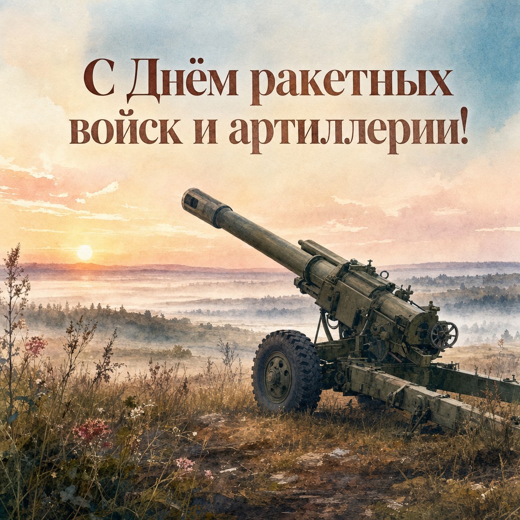 Нежная акварельная открытка с полевой пушкой на рассвете для Дня ракетных войск и артиллерии.