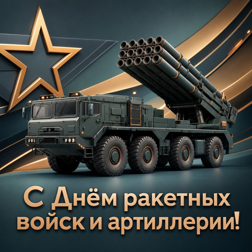 Премиальная 3D-открытка с реактивной системой залпового огня для поздравления с Днём ракетных войск и артиллерии.