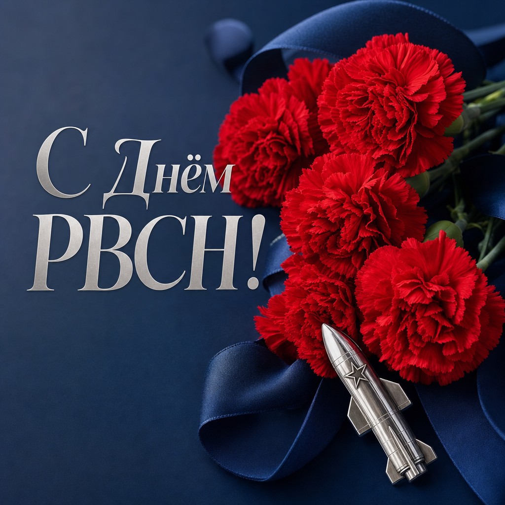 Строгая и торжественная открытка на День Ракетных войск стратегического назначения с гвоздиками и серебристым значком.
