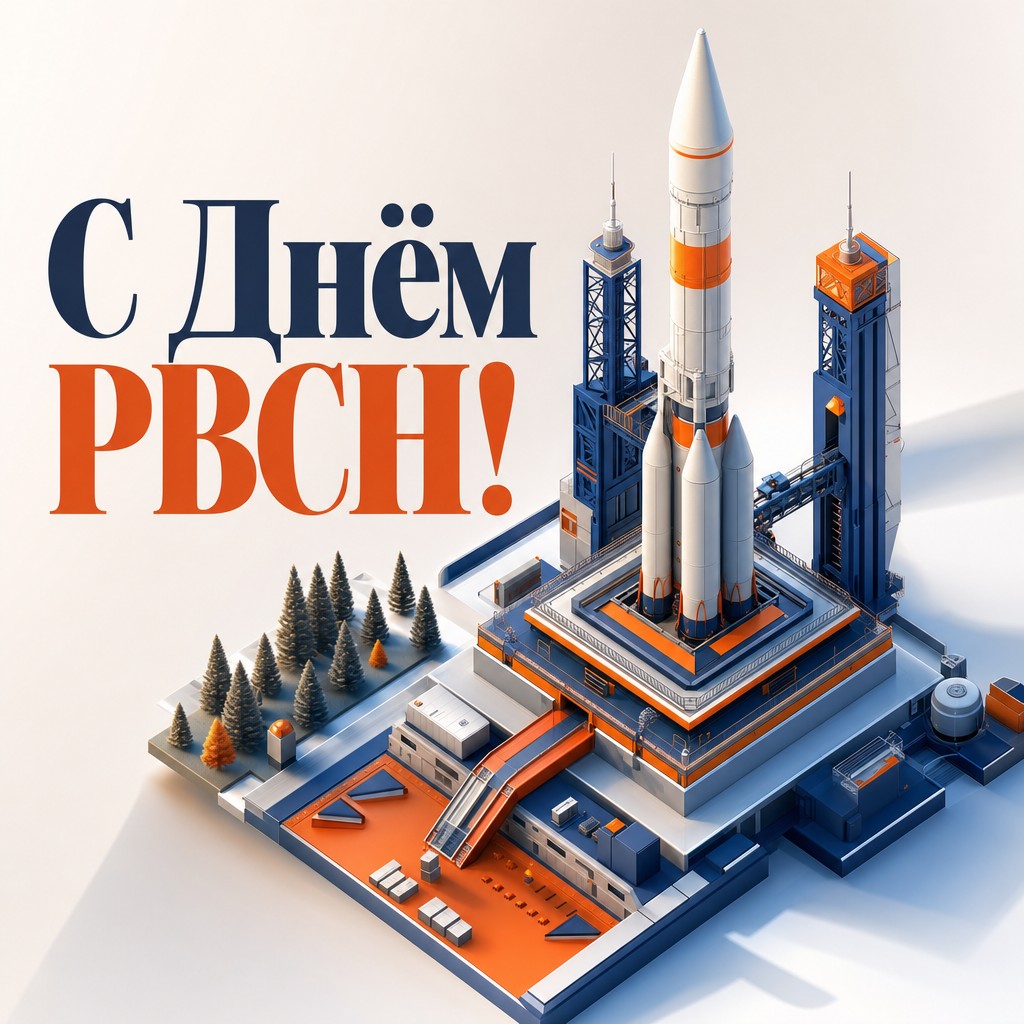 Яркая 3D-открытка на День Ракетных войск стратегического назначения с изометрическим стартовым комплексом и ракетой.