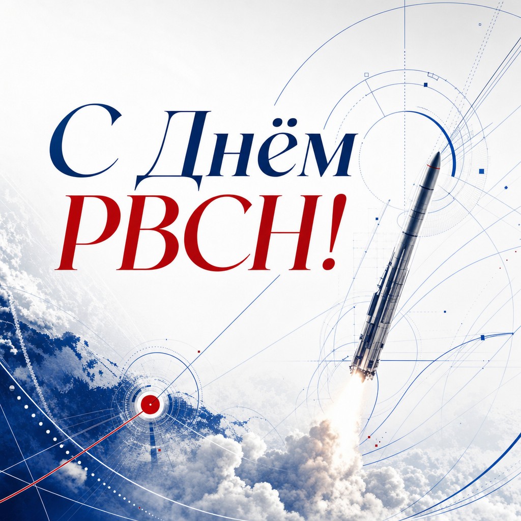 Современная открытка на День Ракетных войск стратегического назначения с орбитами, стартовой точкой и чистой графикой.