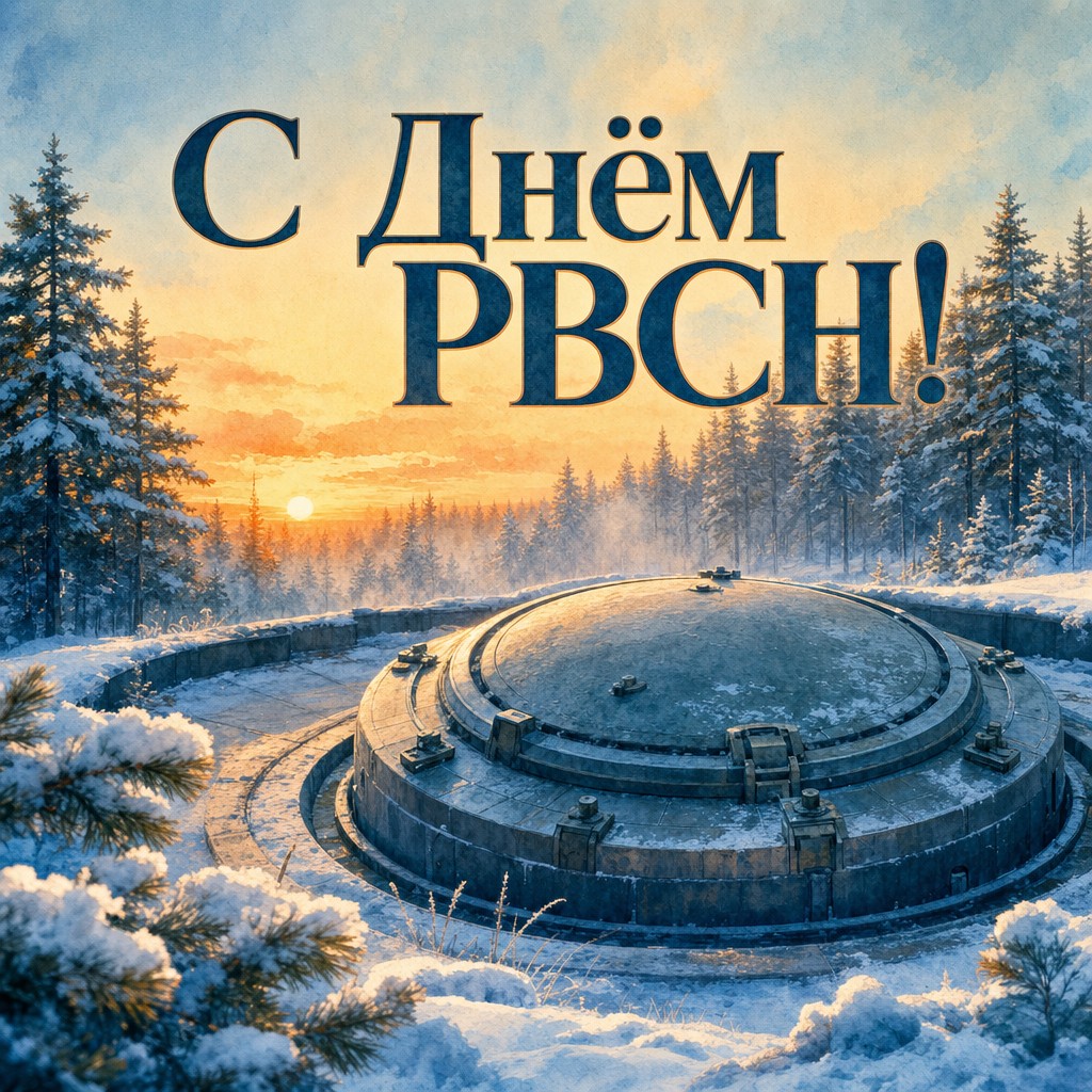 Акварельная открытка на День Ракетных войск стратегического назначения с ракетной шахтой, снегом и зимним рассветом.