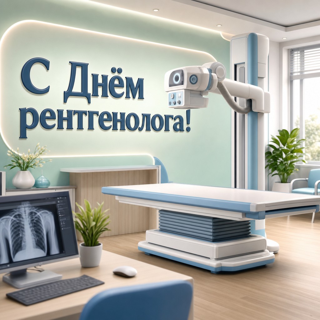 Добрая открытка на День рентгенолога с 3D рентген-аппаратом в современном кабинете.