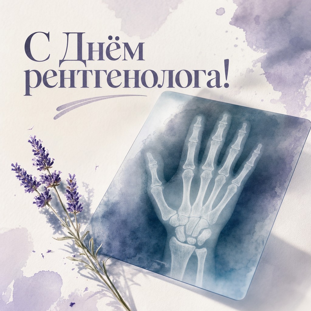 Нежная акварельная открытка на День рентгенолога с рентгеном кисти руки и лавандой.