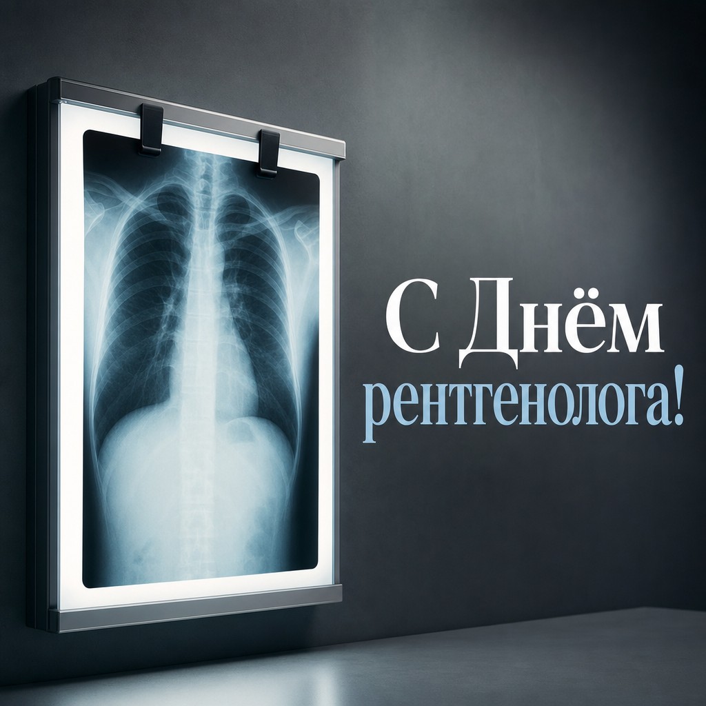 Стильная открытка на День рентгенолога с рентгеновским снимком лёгких и мягким медицинским светом.